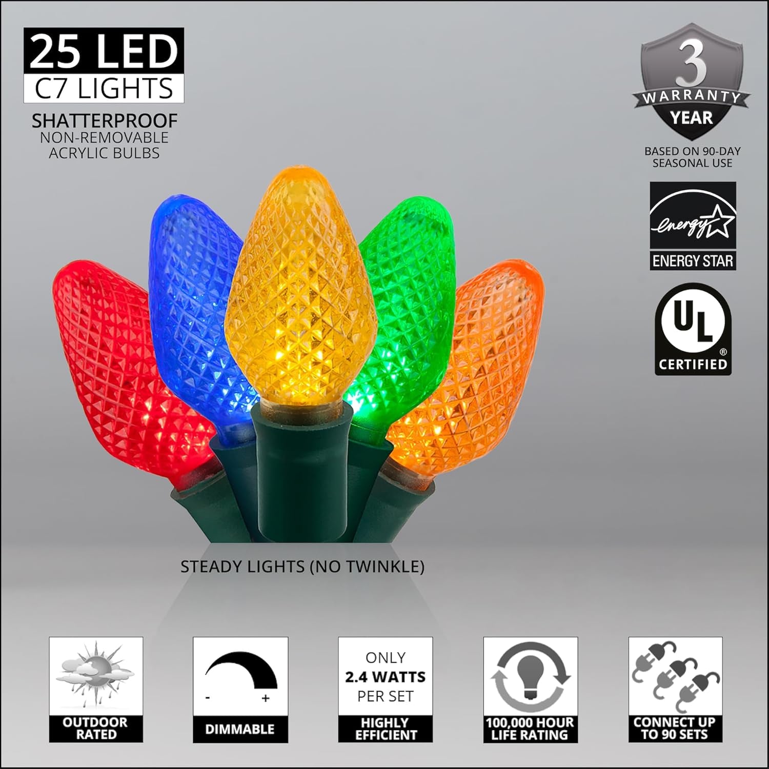 C7 Multicolor Christmas Lights Set of 25, 17 Ft, Christmas Lights Multicolor LED Christmas Lights Outdoor Party String Lights Multi Colored Christmas Lights C7 Multicolor